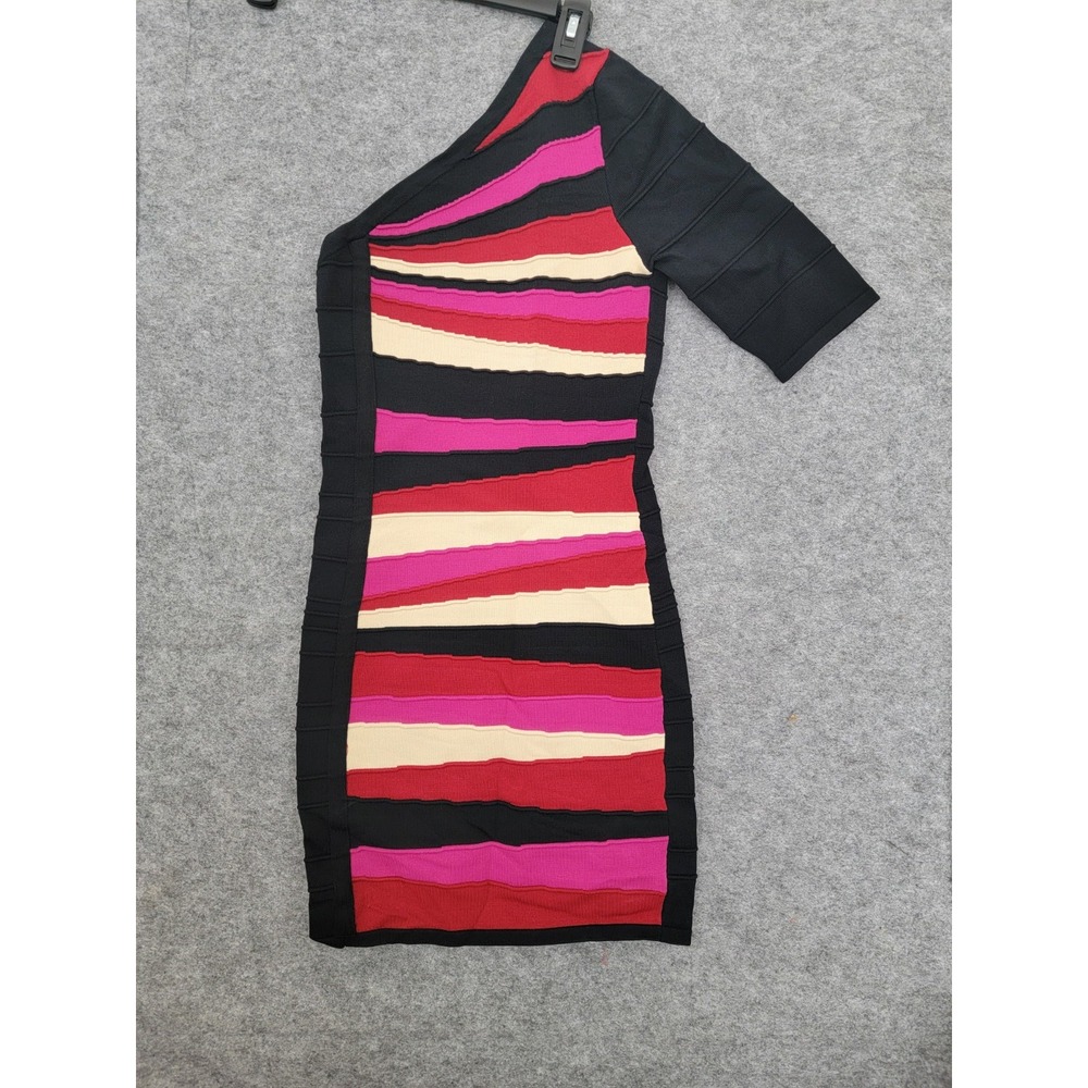 WOW Couture Bandage Bodycon One Sleeve Multicolor Striped Mini Dress Womens M
